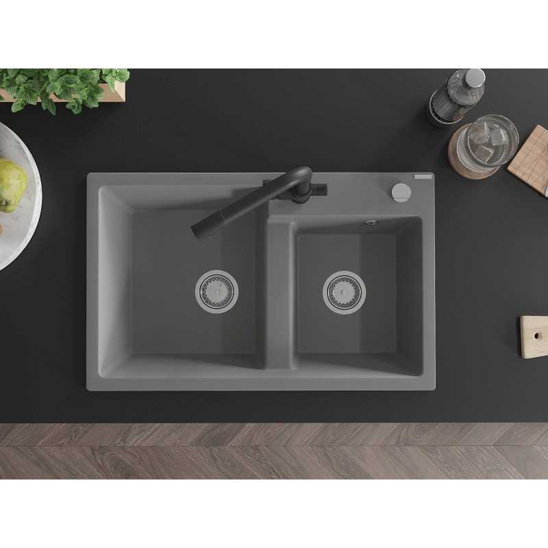 Mexen Tomas 2-Bowl Granite Sink with Duero Kitchen Faucet, Gray - 6516-71-671600-70