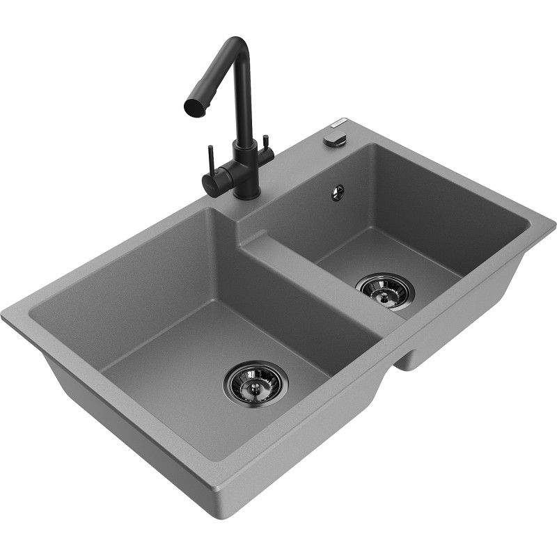 Mexen Tomas 2-chamber granite sink with Duero kitchen faucet, gray - 6516-71-671600-70-B