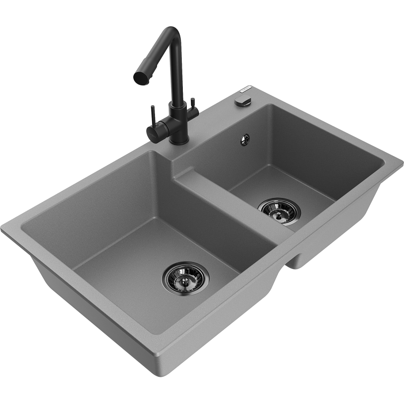 Mexen Tomas granite 2-bowl sink with Duero kitchen tap, grey - 6516-71-671600-70-B