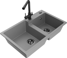 Mexen Tomas granite 2-bowl sink with Duero kitchen tap, grey - 6516-71-671600-70-B