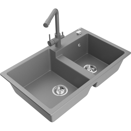 Mexen Tomas granite double-bowl kitchen sink with Duero faucet, gray - 6516-71-671600-71