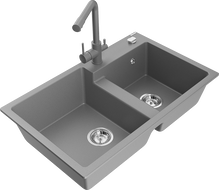 Mexen Tomas granite sink 2-bowl with Duero kitchen tap, grey - 6516-71-671600-71