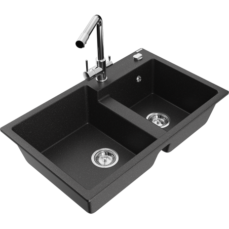Mexen Tomas granite sink 2-chamber with Duero kitchen tap, black/silver metallic - 6516-73-671600-00