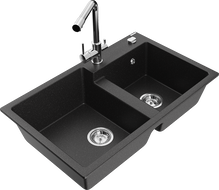 Mexen Tomas granite sink 2-chamber with Duero kitchen tap, black/silver metallic - 6516-73-671600-00