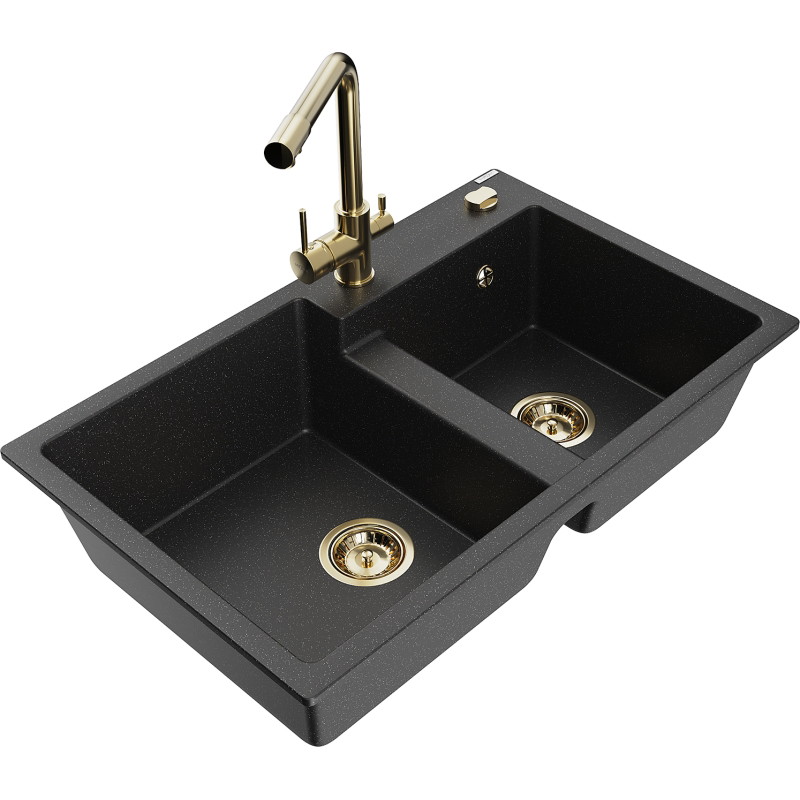 Mexen Tomas granite double-bowl kitchen sink with Duero kitchen faucet, black/silver metallic - 6516-73-671600-50