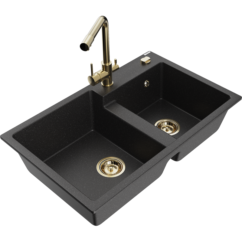 Mexen Tomas granite sink 2-bowl with Duero kitchen tap, black/silver metallic - 6516-73-671600-50