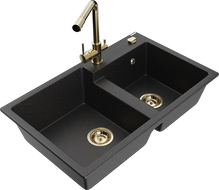 Mexen Tomas granite sink 2-bowl with Duero kitchen tap, black/silver metallic - 6516-73-671600-50