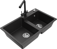 Mexen Tomas granite sink 2-bowl with Duero kitchen faucet, black/silver metallic - 6516-73-671600-70