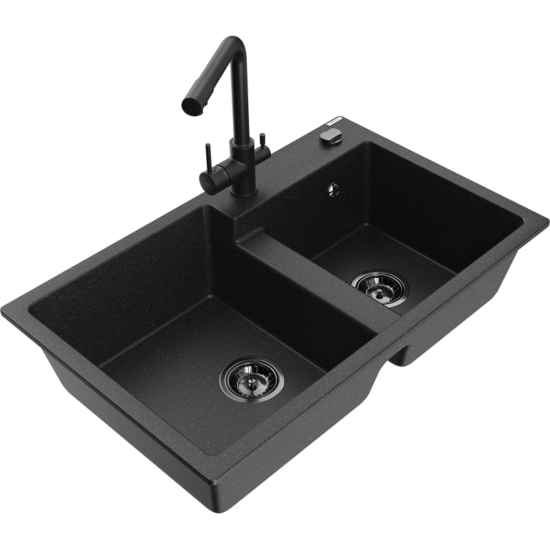 Mexen Tomas 2-bowl granite sink with Duero kitchen faucet, black/silver metallic - 6516-73-671600-70-B