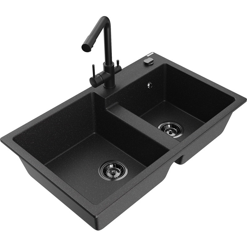 Mexen Tomas Granite Sink 2-Chamber with Duero Kitchen Tap, Black/Silver Metallic - 6516-73-671600-70-B