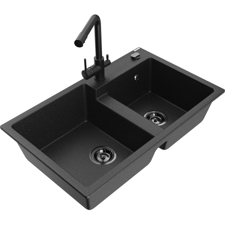 Mexen Tomas 2-bowl granite sink with Duero kitchen faucet, black/silver metallic - 6516-73-671600-70-B