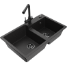 Mexen Tomas 2-bowl granite sink with Duero kitchen faucet, black/silver metallic - 6516-73-671600-70-B