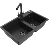 Mexen Tomas granite double-bowl kitchen sink with Duero faucet, black/silver metallic - 6516-73-671600-70-B
