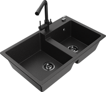 Mexen Tomas 2-bowl granite sink with Duero kitchen faucet, black/silver metallic - 6516-73-671600-70-B