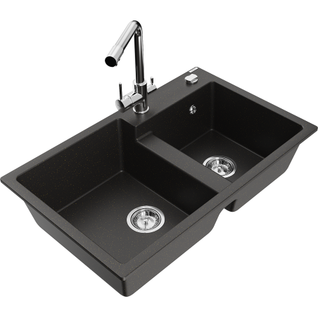 Mexen Tomas 2-compartment granite sink with Duero kitchen faucet, black/gold metallic - 6516-75-671600-00