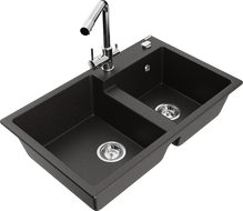 Mexen Tomas granite kitchen sink 2-bowl with Duero kitchen tap, black/gold metallic - 6516-75-671600-00