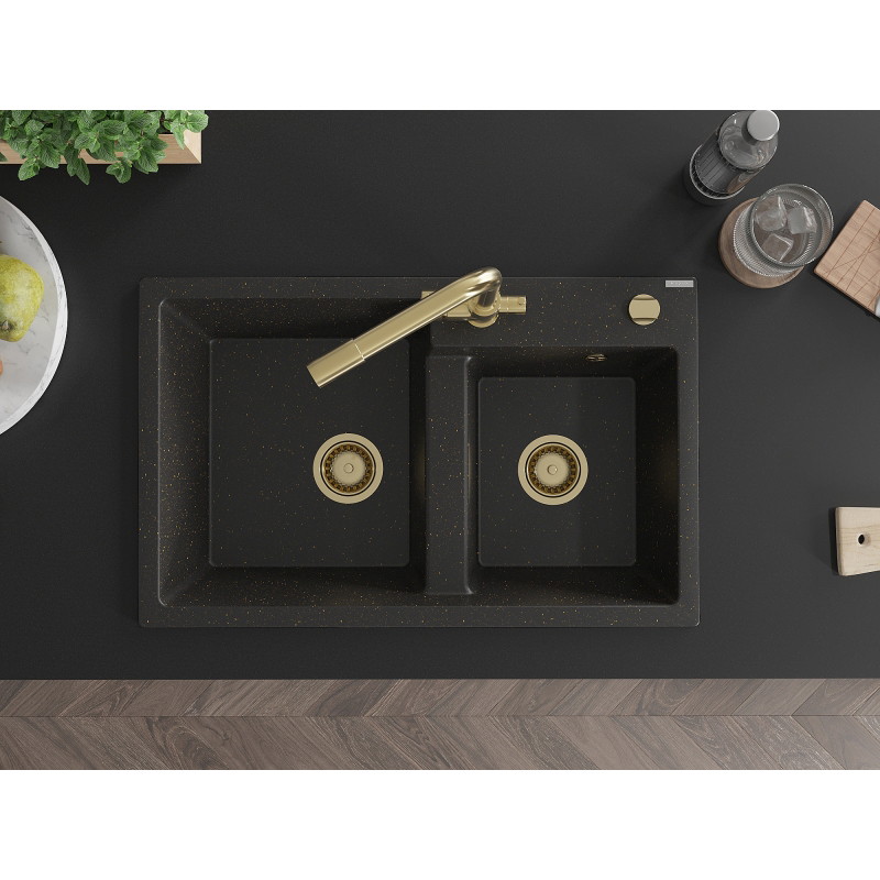 Mexen Tomas granite kitchen sink 2-bowl with Duero kitchen faucet, black/gold metallic - 6516-75-671600-50