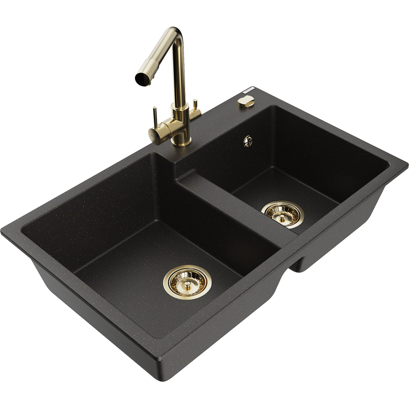 Mexen Tomas 2-bowl granite sink with Duero kitchen tap, black/gold metallic - 6516-75-671600-50