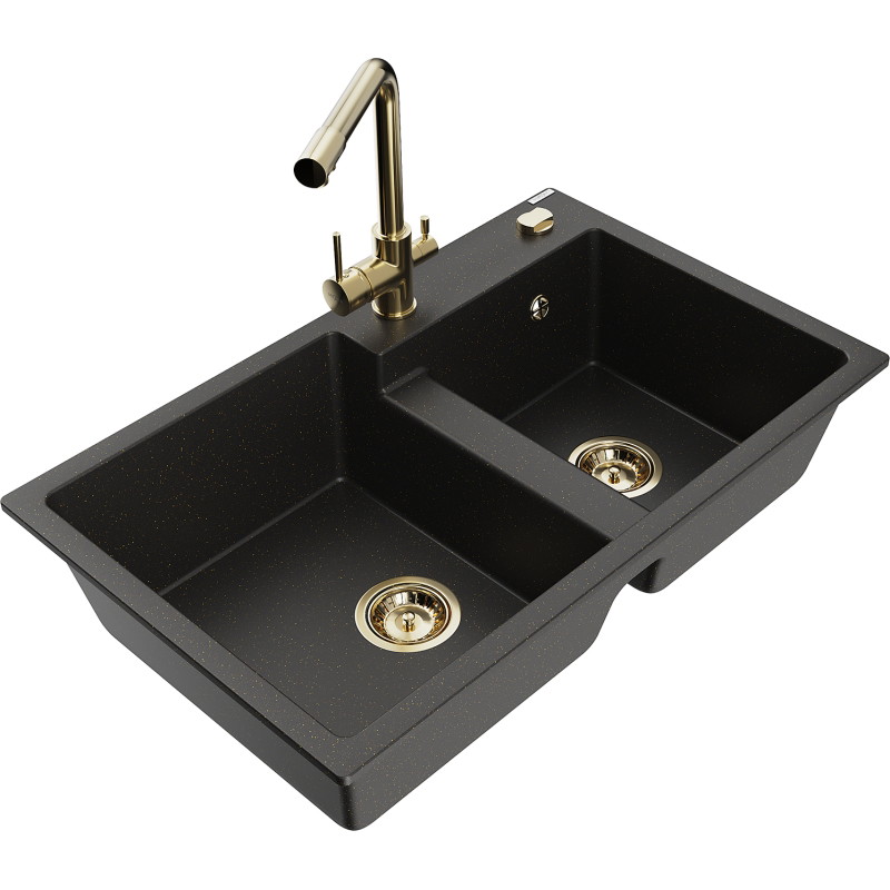 Mexen Tomas granite kitchen sink 2-bowl with Duero kitchen faucet, black/gold metallic - 6516-75-671600-50