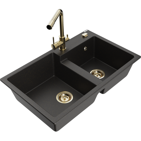 Mexen Tomas 2-bowl granite sink with Duero kitchen tap, black/gold metallic - 6516-75-671600-50