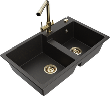 Mexen Tomas 2-bowl granite sink with Duero kitchen tap, black/gold metallic - 6516-75-671600-50