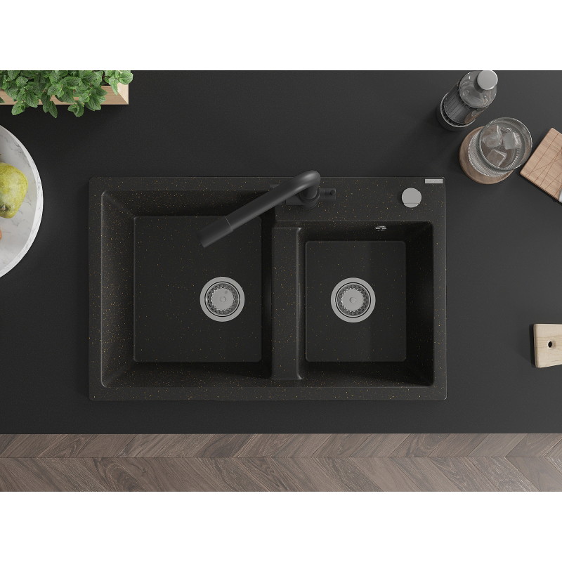 Mexen Tomas granite kitchen sink double bowl with Duero kitchen faucet, black/gold metallic - 6516-75-671600-70