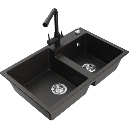 Mexen Tomas granite kitchen sink double bowl with Duero kitchen faucet, black/gold metallic - 6516-75-671600-70
