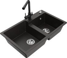Mexen Tomas granite sink 2-bowl with Duero kitchen tap, black/gold metallic - 6516-75-671600-70