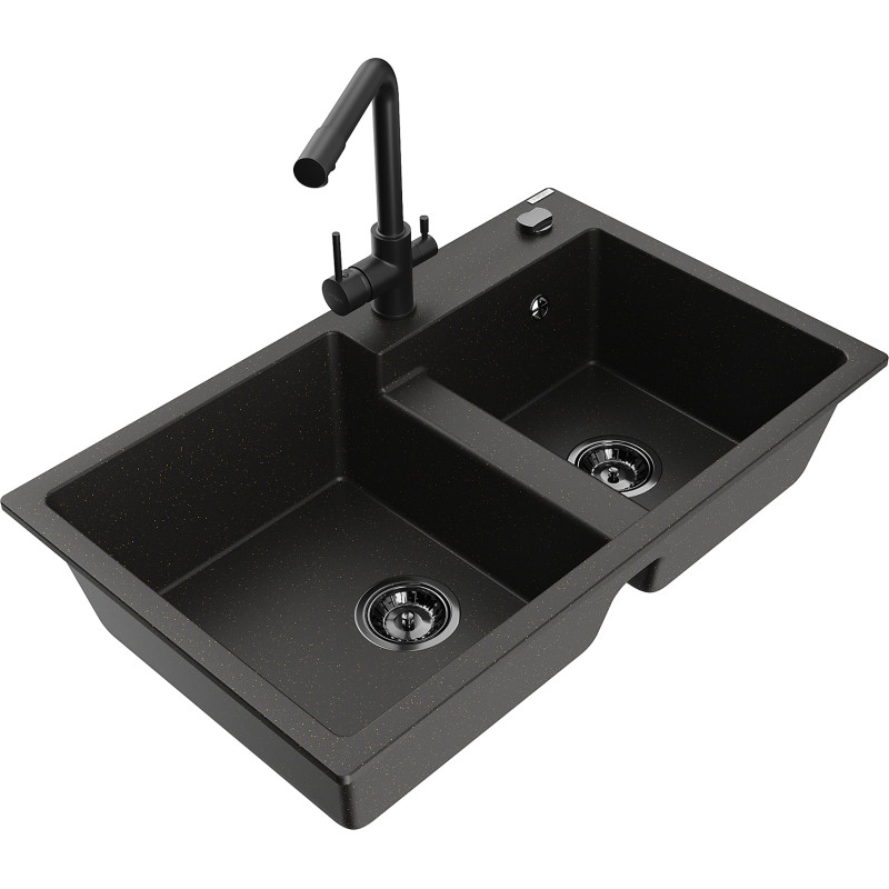 Mexen Tomas 2-chamber granite sink with Duero kitchen faucet, black/gold metallic - 6516-75-671600-70-B