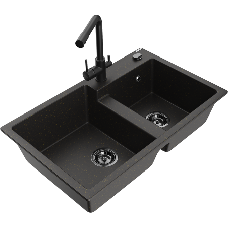 Mexen Tomas granite double-bowl sink with Duero kitchen faucet, black/gold metallic - 6516-75-671600-70-B