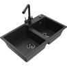 Mexen Tomas granite double-bowl sink with Duero kitchen faucet, black/gold metallic - 6516-75-671600-70-B