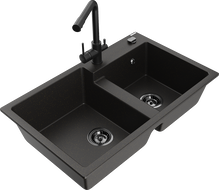 Mexen Tomas granite double-bowl sink with Duero kitchen faucet, black/gold metallic - 6516-75-671600-70-B