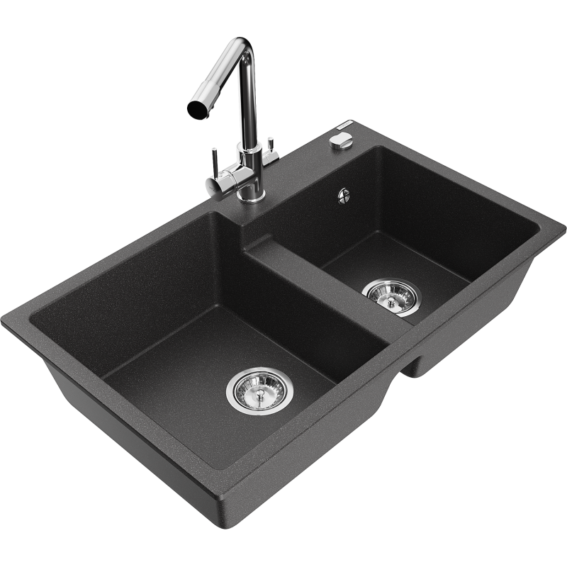 Mexen Tomas 2-compartment granite sink with a kitchen mixer tap Duero, spotted black - 6516-76-671600-00