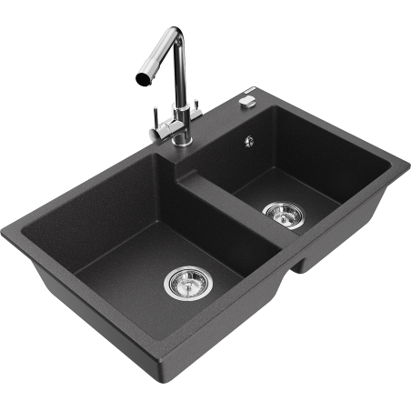 Mexen Tomas 2-chamber granite sink with Duero kitchen faucet, black speckled - 6516-76-671600-00