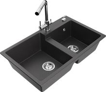 Mexen Tomas granite 2-bowl kitchen sink with Duero kitchen faucet, black speckled - 6516-76-671600-00