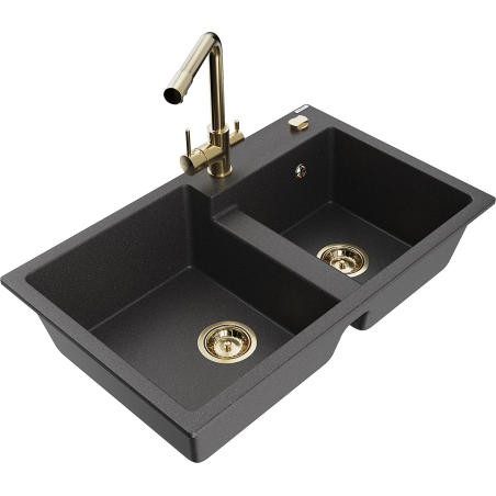 Mexen Tomas granite double-bowl sink with Duero kitchen faucet, black speckled - 6516-76-671600-50
