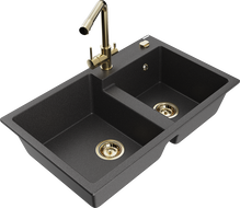 Mexen Tomas granite double-bowl sink with Duero kitchen tap, speckled black - 6516-76-671600-50