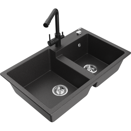 Mexen Tomas 2-bowl granite kitchen sink with Duero faucet, black speckled - 6516-76-671600-70