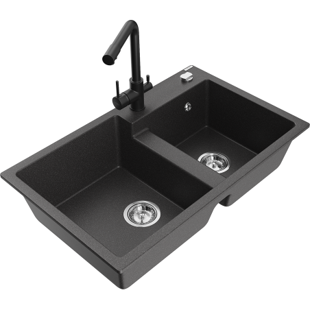 Mexen Tomas granite double-bowl sink with Duero kitchen tap, black speckled - 6516-76-671600-70
