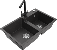 Mexen Tomas 2-bowl granite kitchen sink with Duero faucet, black speckled - 6516-76-671600-70