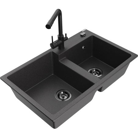 Mexen Tomas granite double-bowl sink with Duero kitchen faucet, black speckled - 6516-76-671600-70-B