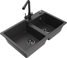 Mexen Tomas granite sink 2-bowl with Duero kitchen tap, black speckled - 6516-76-671600-70-B