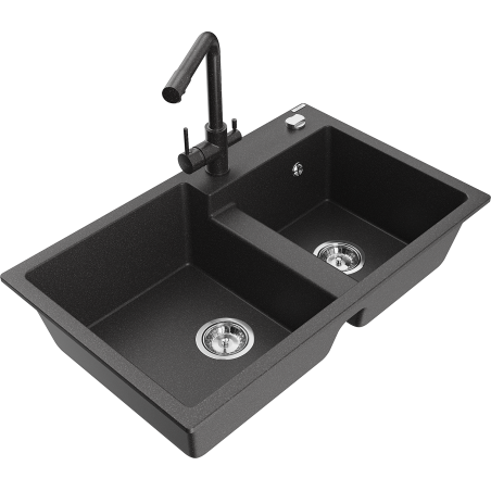 Mexen Tomas granite double-bowl sink with Duero kitchen faucet, black speckled - 6516-76-671600-76