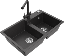 Mexen Tomas granite sink 2-bowl with Duero kitchen tap, black speckled - 6516-76-671600-76