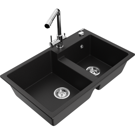 Mexen Tomas granite double-bowl sink with Duero kitchen faucet, black - 6516-77-671600-00