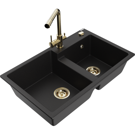 Mexen Tomas granite sink 2-bowl with Duero kitchen tap, black - 6516-77-671600-50