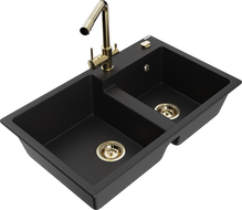Mexen Tomas granite double bowl kitchen sink with Duero faucet, black - 6516-77-671600-50
