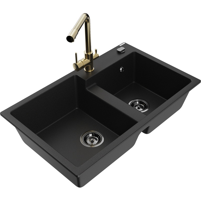 Mexen Tomas granite double-bowl kitchen sink with Duero faucet, black - 6516-77-671600-50-B