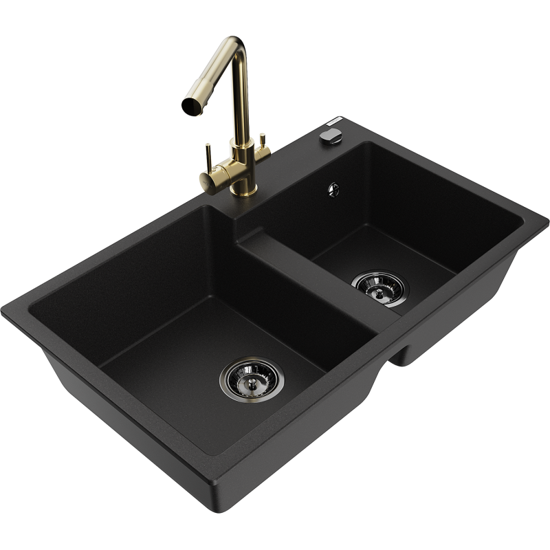 Mexen Tomas granite double-bowl sink with Duero kitchen tap, black - 6516-77-671600-50-B
