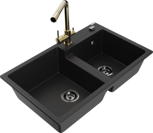 Mexen Tomas granite double-bowl kitchen sink with Duero faucet, black - 6516-77-671600-50-B